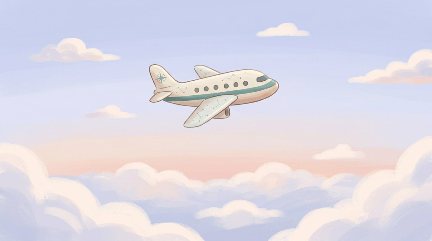 A passenger airplane flying high above soft clouds in a bright sky.