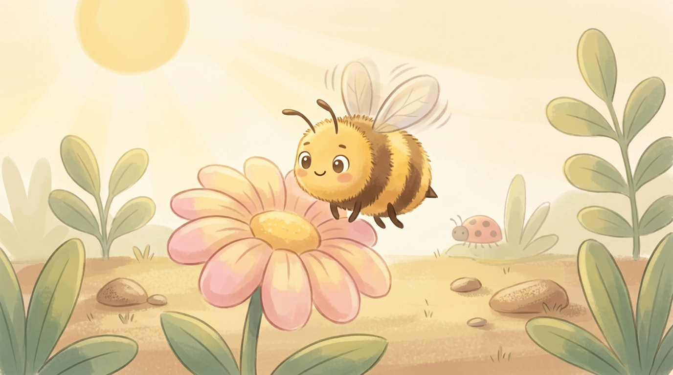 A fuzzy bee hovering near a bright flower in a soft sunny garden.