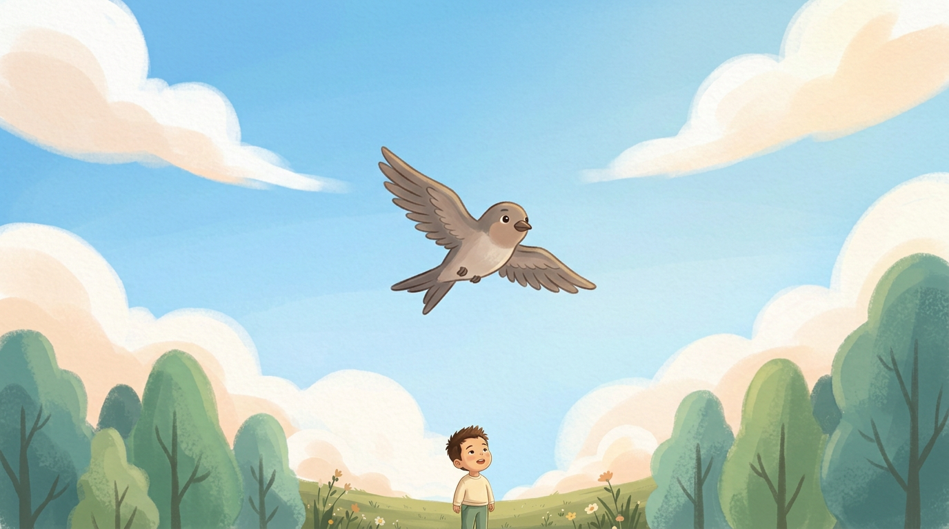 A bird gliding through a soft blue sky while a small child looks up from below.