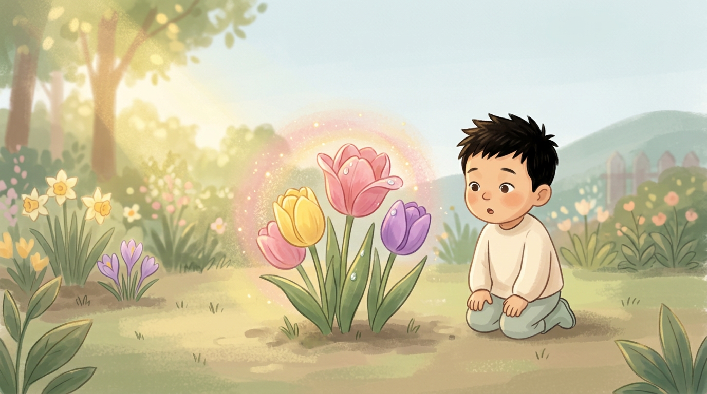 A few bright flowers blooming in a warm garden while a small child kneels nearby.