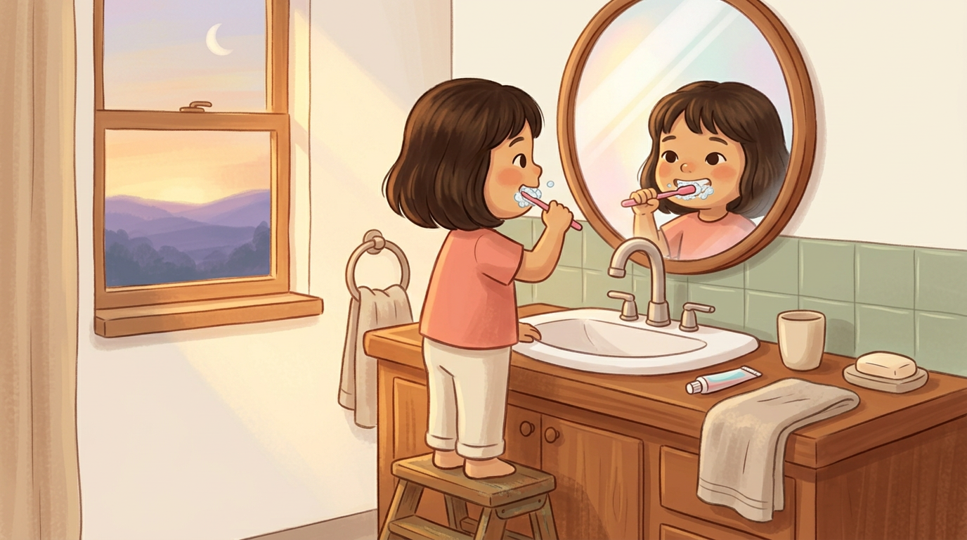 The recurring girl brushing her teeth at a bathroom sink in warm evening light.