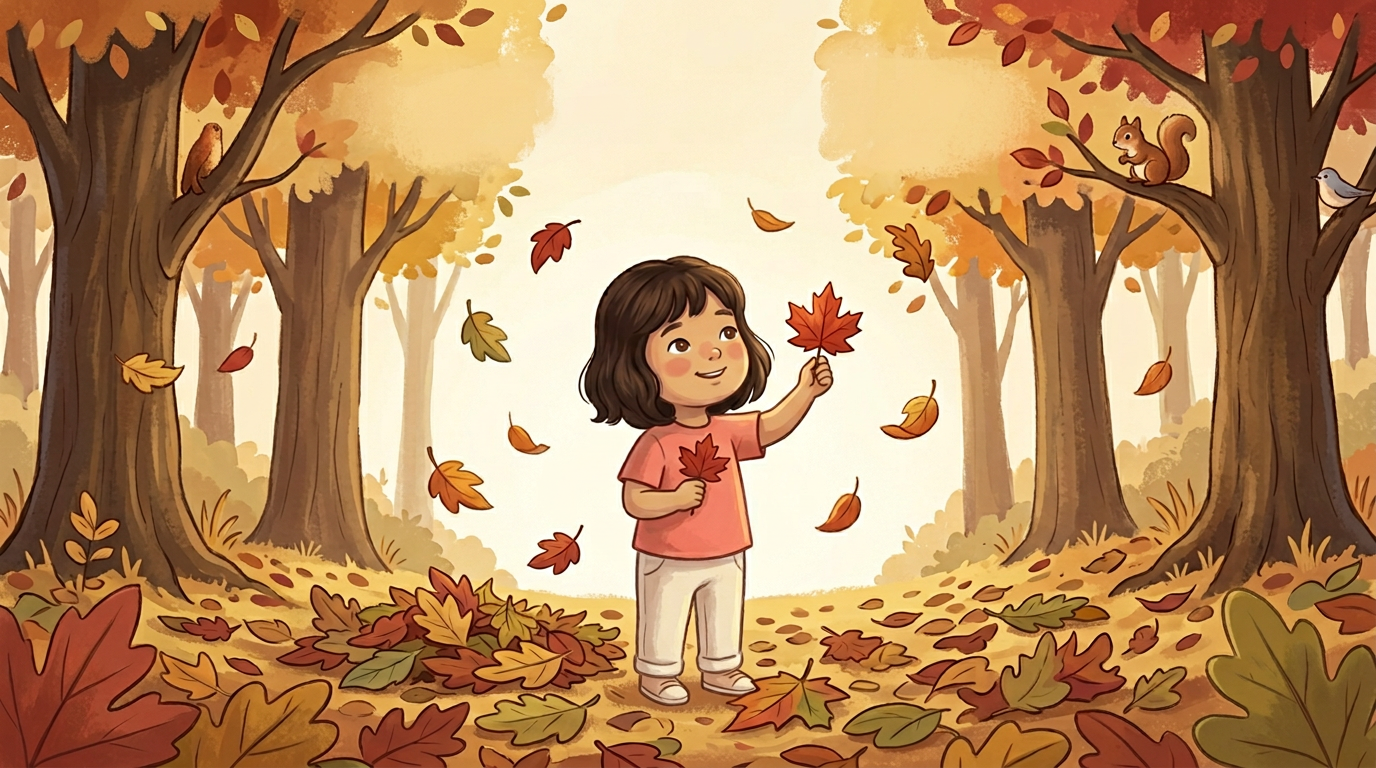 The recurring girl playing among red, gold, and orange autumn leaves as they drift down around her.