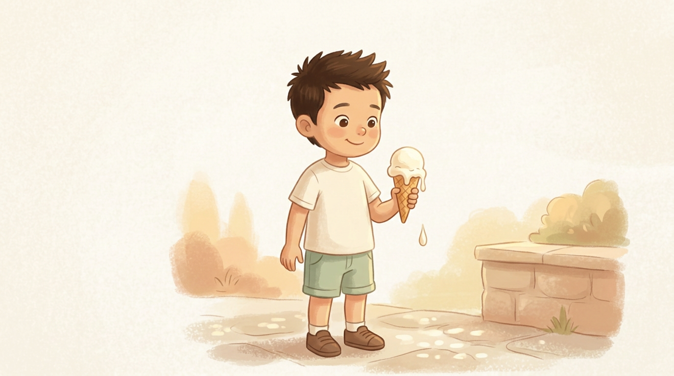 The recurring boy holding an ice cream cone as it starts to melt on a warm day.