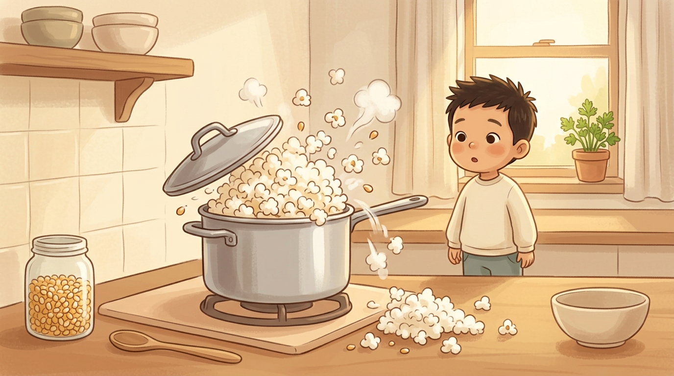 Popcorn bursting from a pot in a cozy kitchen while a small child watches nearby.