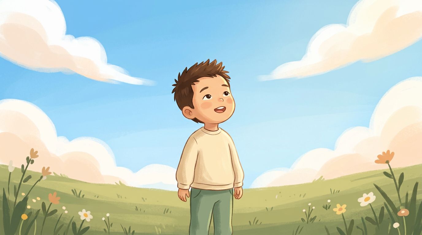 A young boy standing in a sunlit field and looking up at a wide bright blue sky with soft clouds.