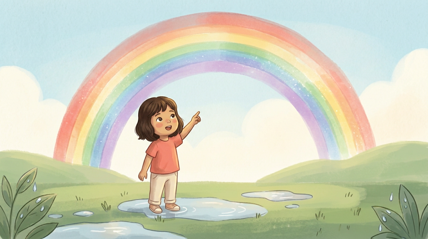 The recurring girl pointing toward a soft rainbow in the sky after rain.